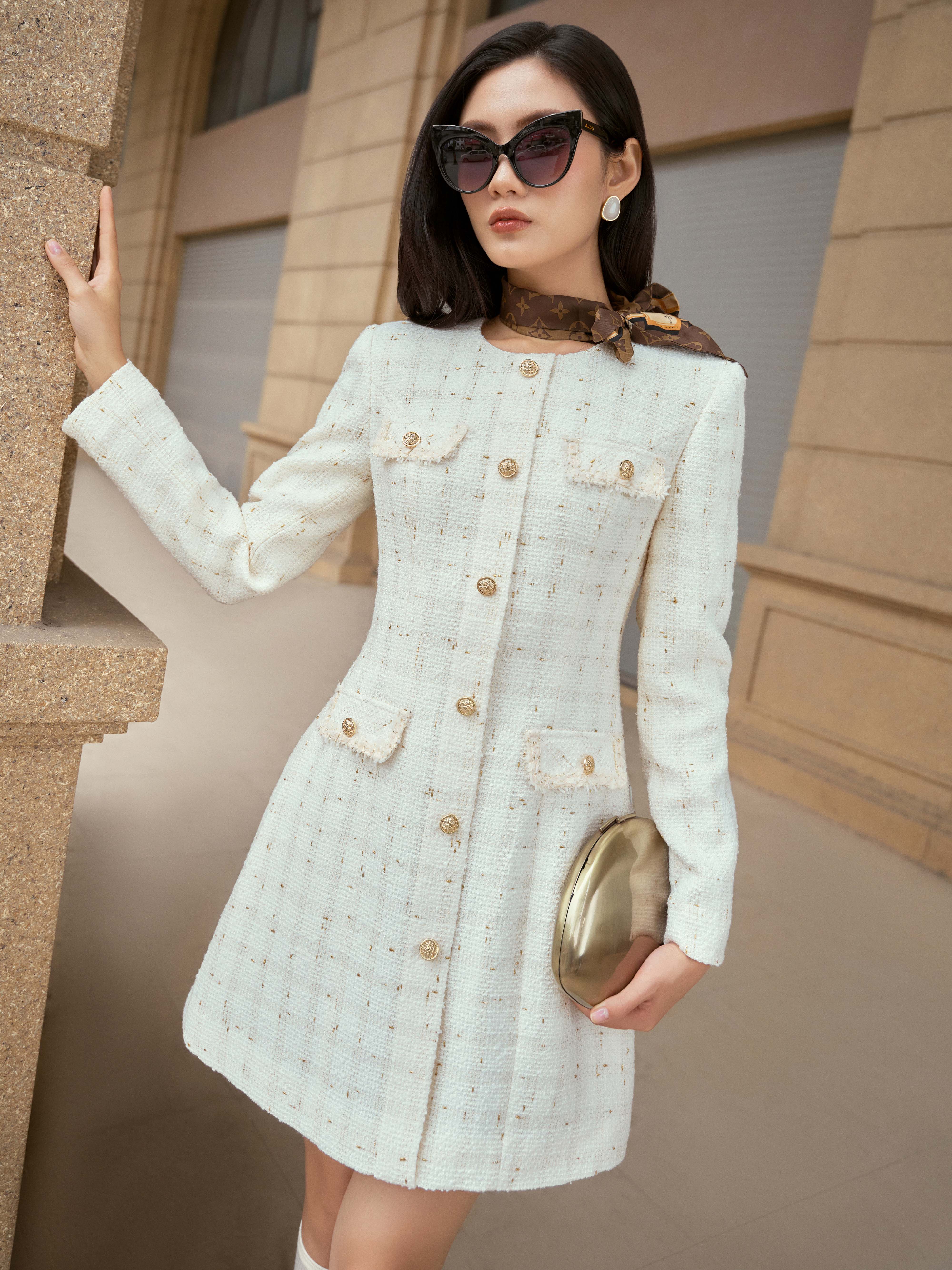  Váy Tweed cổ tròn dài tay